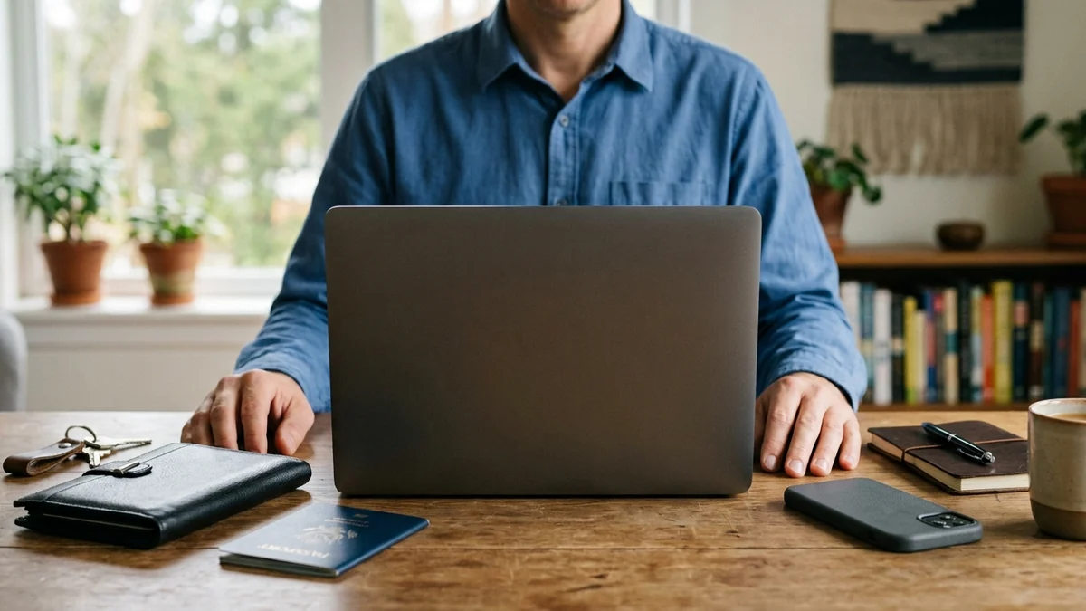 A traveller preparing online details with device screens out of view