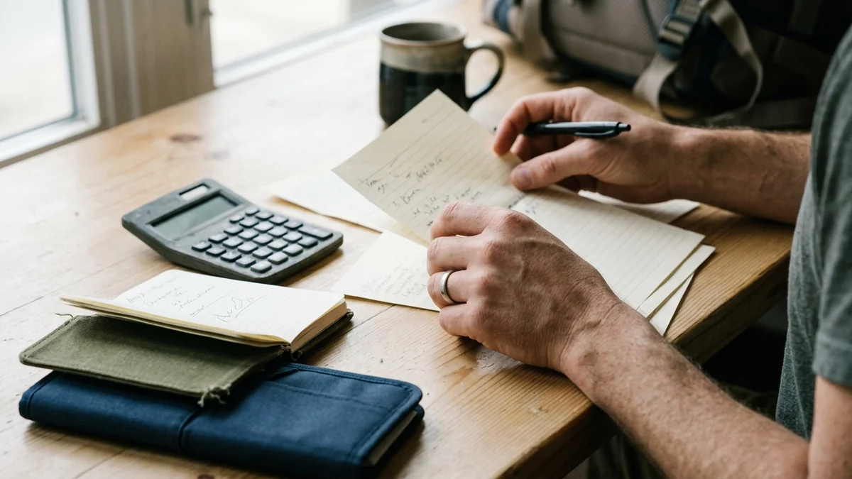 A calculator and papers prepared for a travel budget