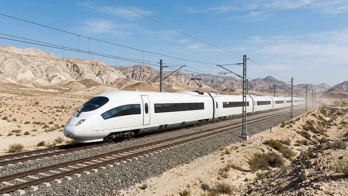 A generic high-speed train crossing a desert landscape