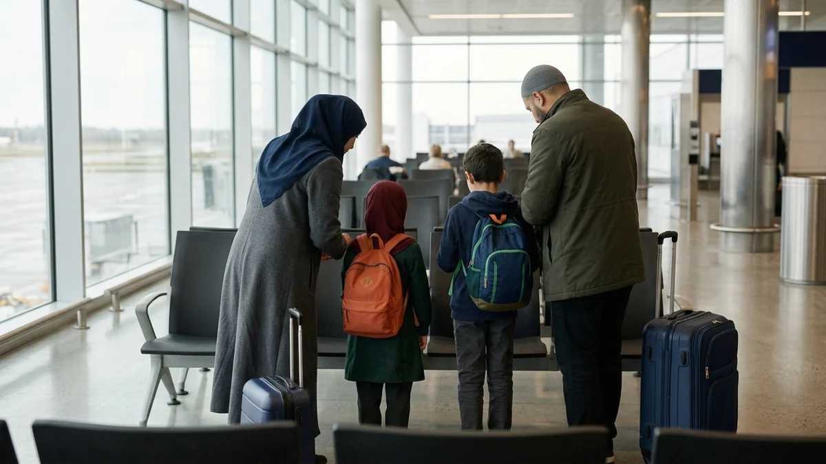 A family preparing to travel with their suitcases