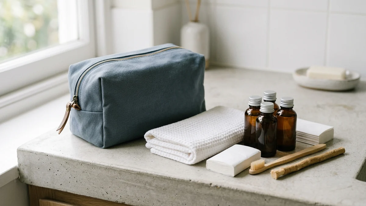 A travel wash bag with unlabelled toiletries and a towel