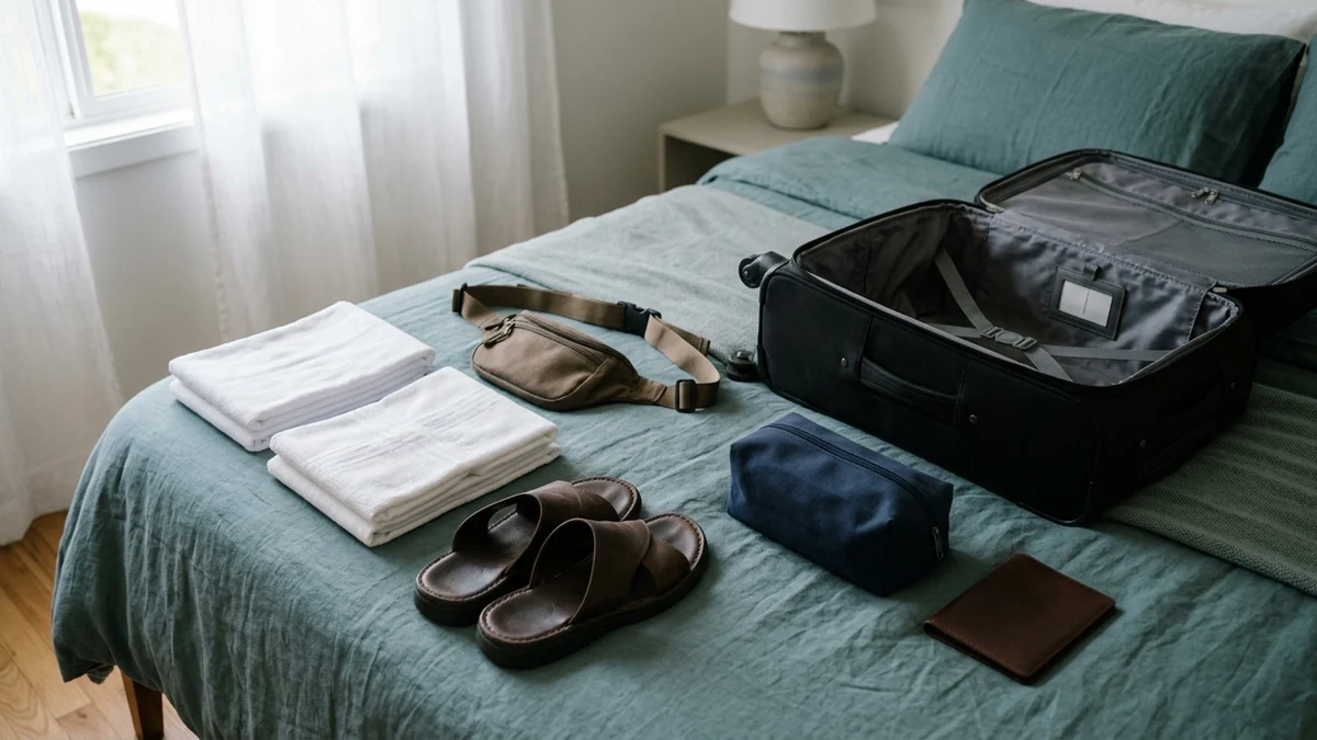 Folded white ihram cloths and essentials beside a suitcase