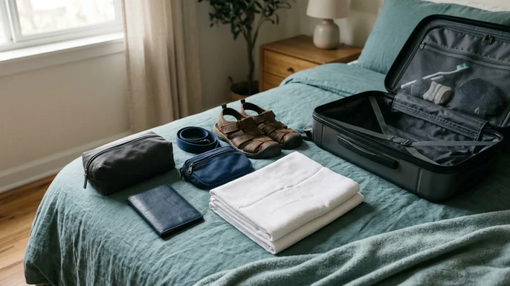 Folded white ihram cloths and essentials beside a suitcase