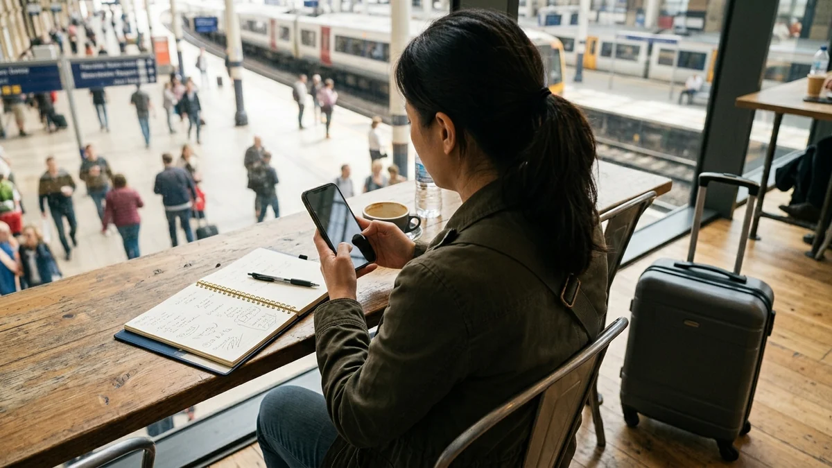 A traveller checking a journey on a phone