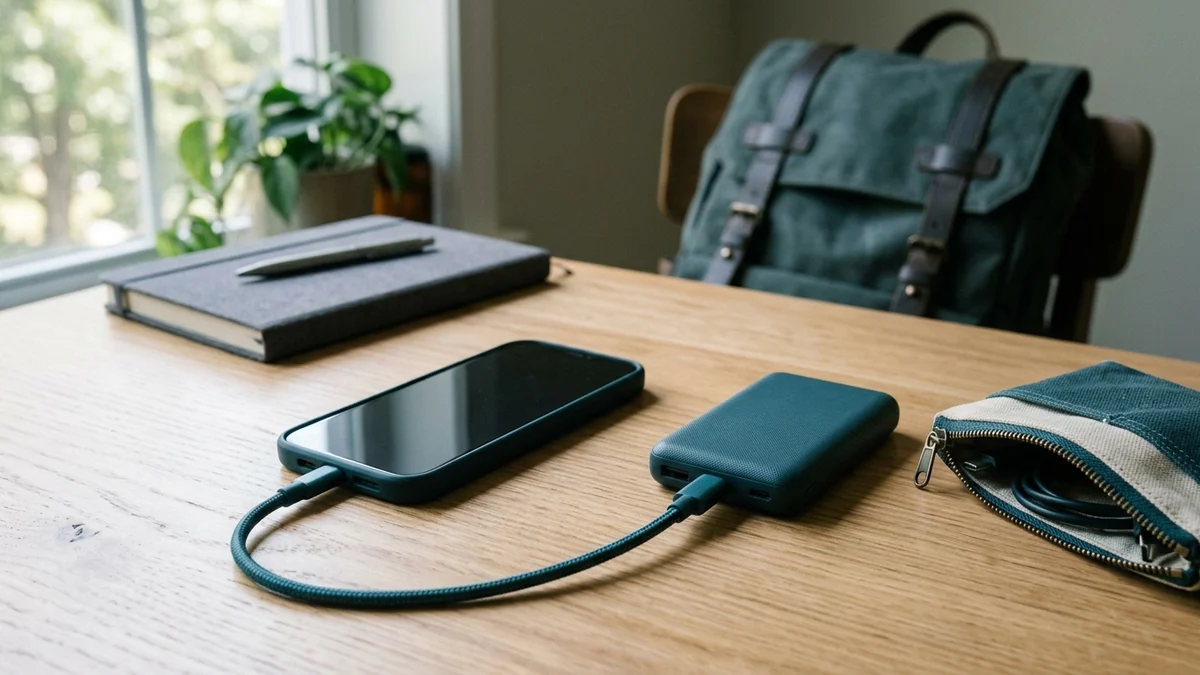 A phone connected to a portable charger beside a travel pouch