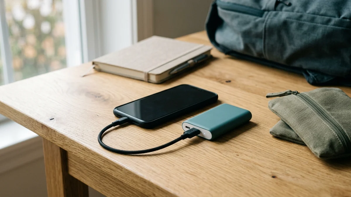 A phone connected to a portable charger beside a travel pouch