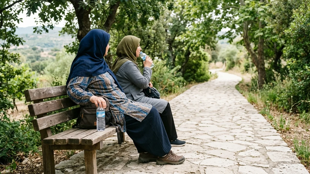 Travellers resting on a shaded bench with drinking water