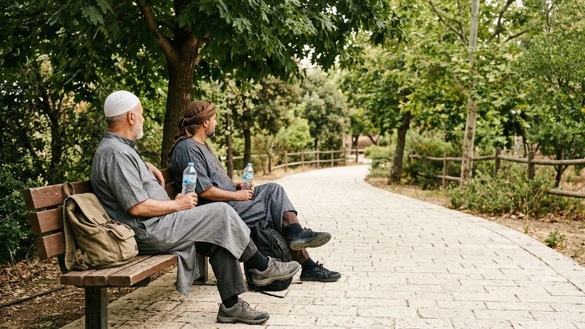 Travellers resting on a shaded bench with drinking water