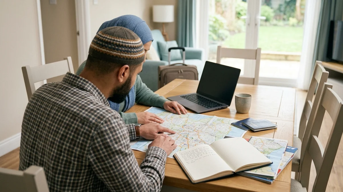 Two travellers comparing journey arrangements at home