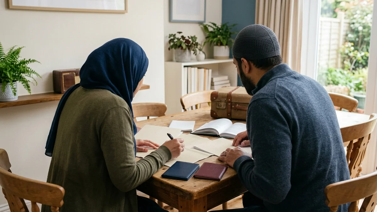 Two travellers comparing journey arrangements at home