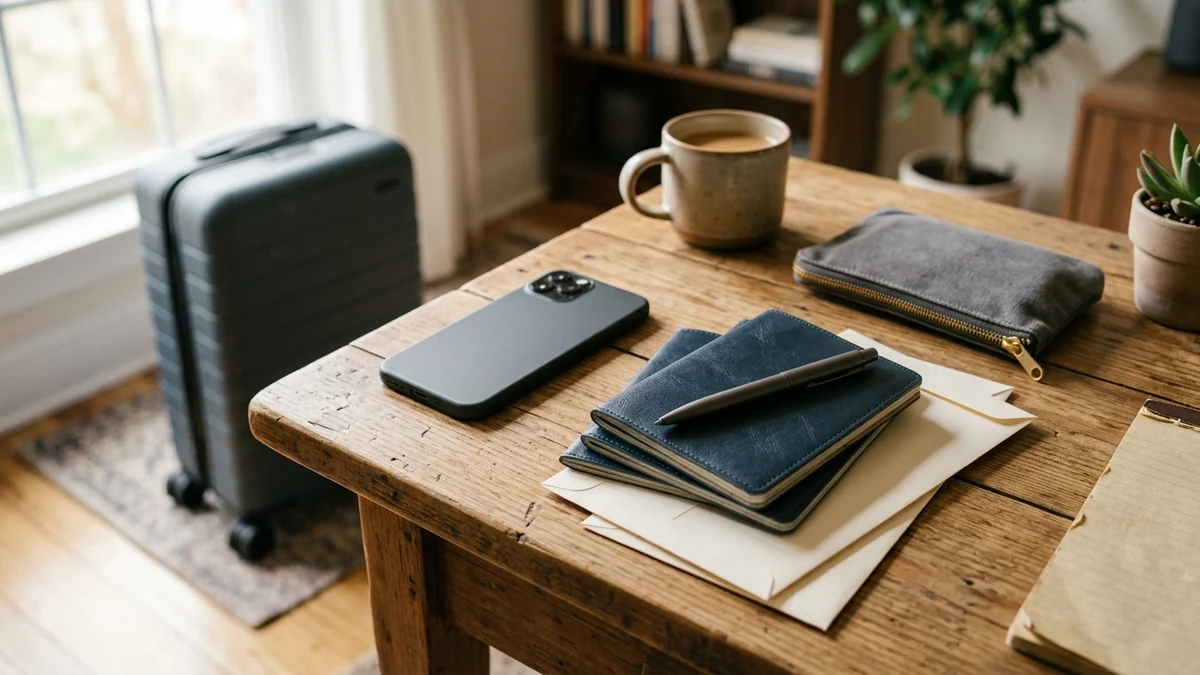 A phone and closed travel-document covers on a table