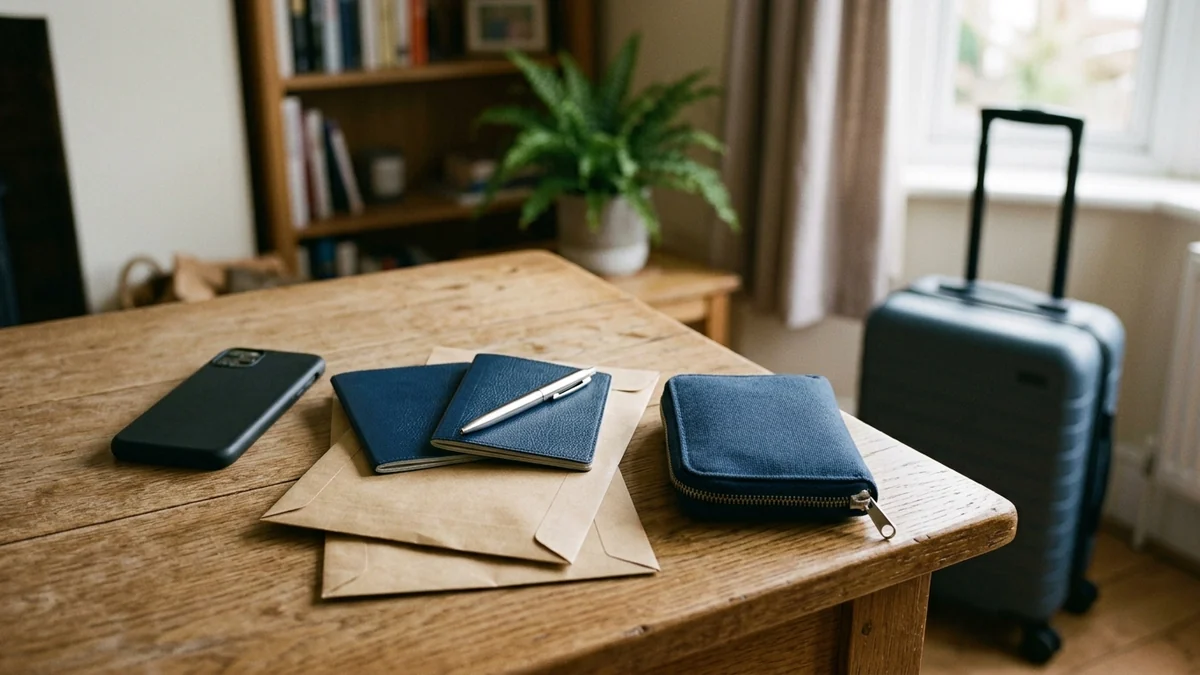 A phone and closed travel-document covers on a table