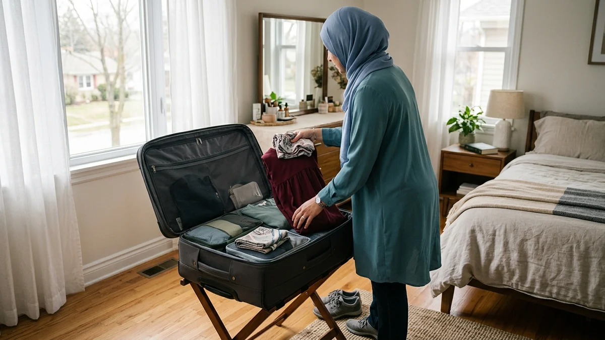 A woman packing modest travel clothing