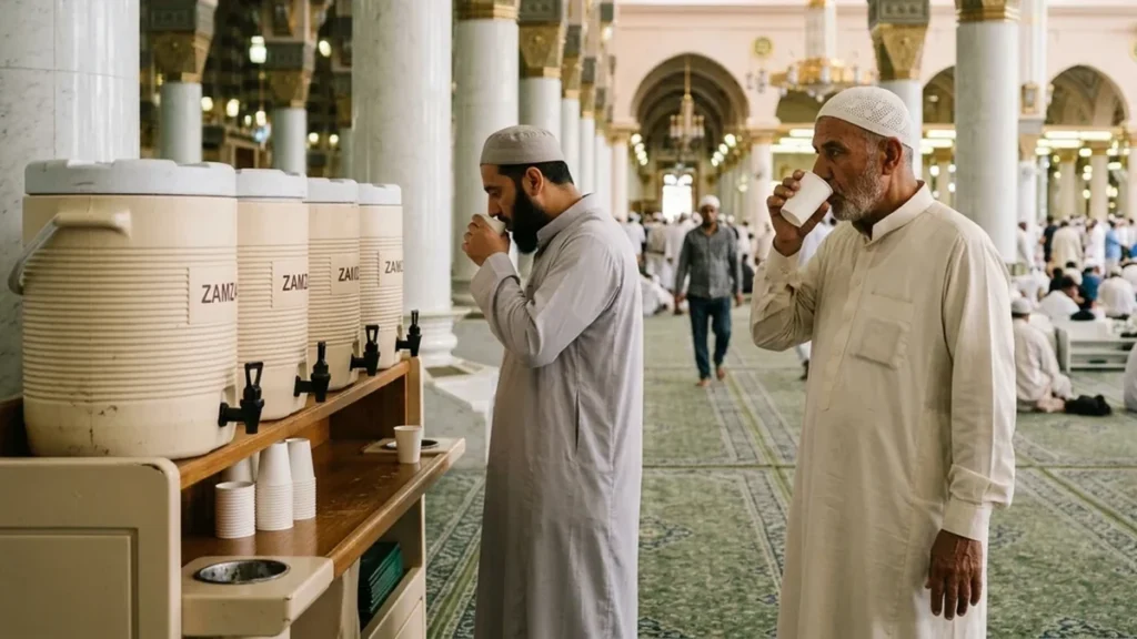 Visitors drinking Zamzam beside water coolers inside Masjid an-Nabawi