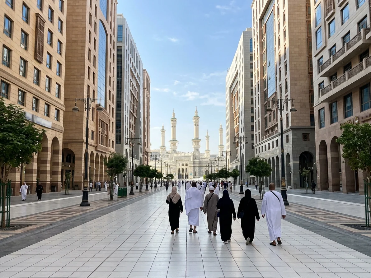 A pedestrian street in Makkah leading towards the minarets of Masjid al-Haram