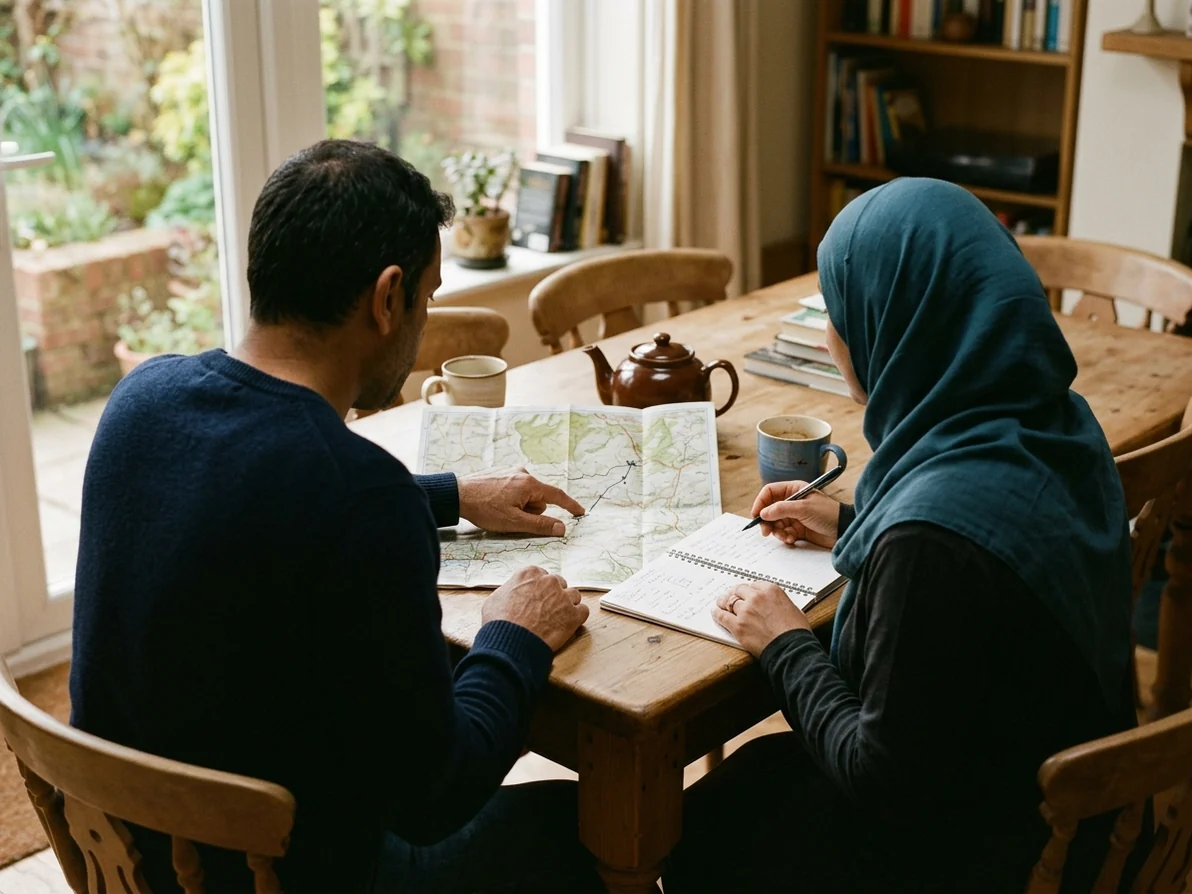 Two travellers planning a journey together at a dining table
