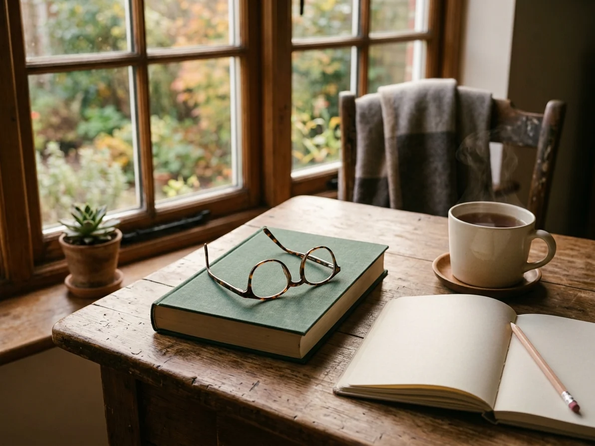 Reading glasses, books and a notebook ready for preparing travel questions