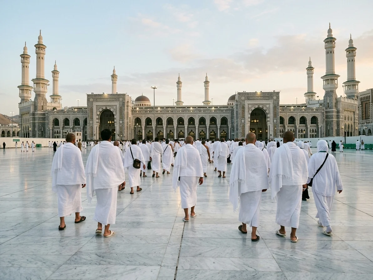Pilgrims in white ihram walking across the plaza outside Masjid al-Haram