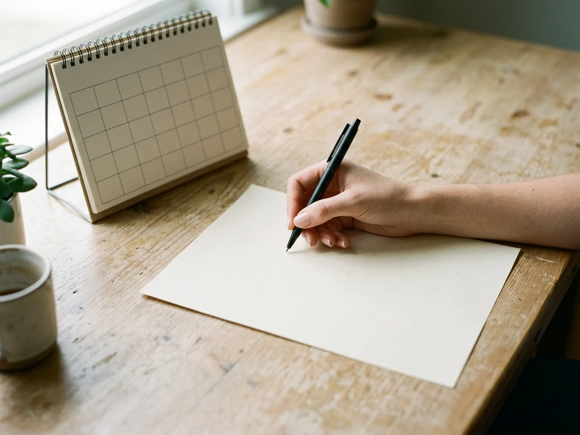 A hand ticking items on a blank travel checklist