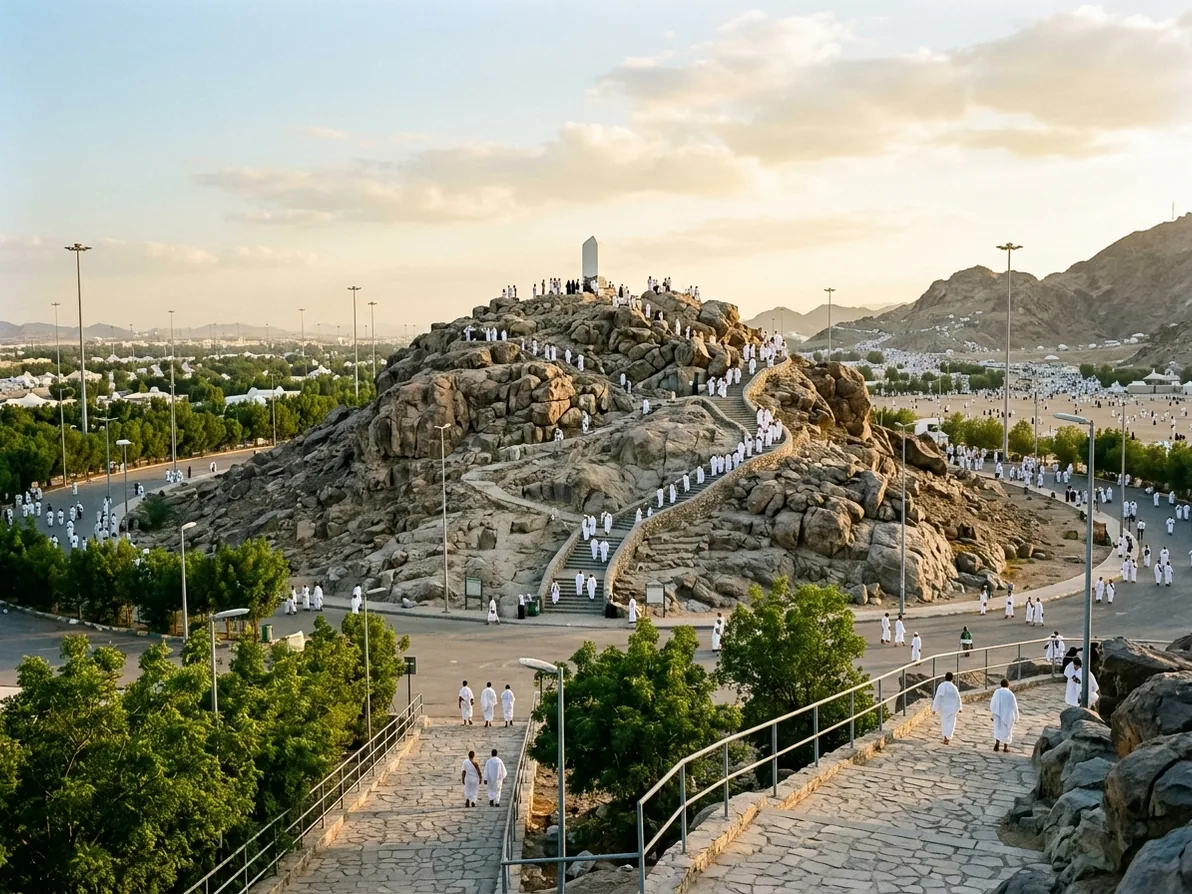 Jabal al-Rahmah on the plain of Arafat in golden evening light
