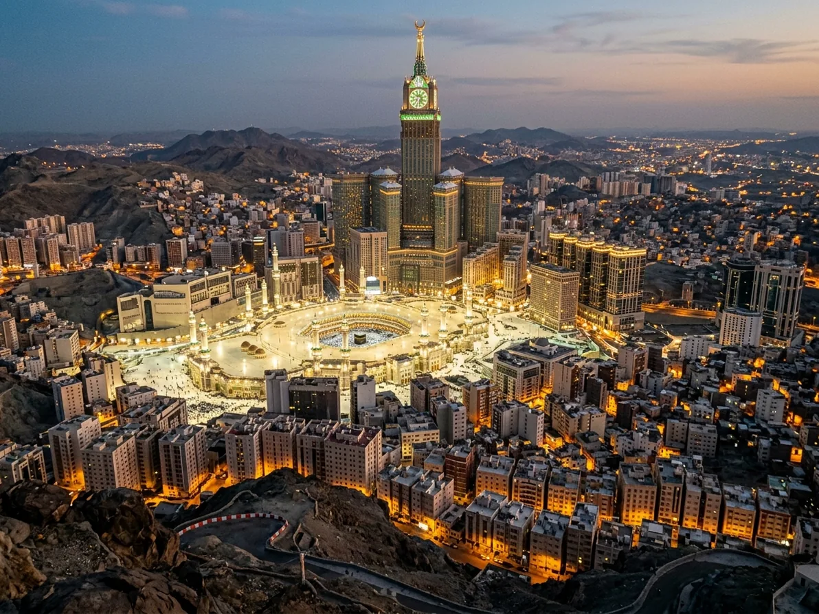 Makkah at dusk with hotel towers and residential districts in the hills