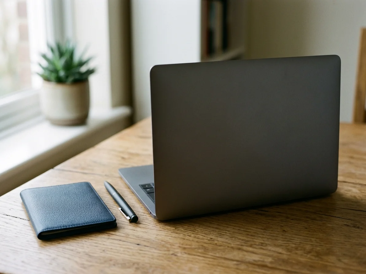 A laptop, passport and pen on a desk for checking an online booking process