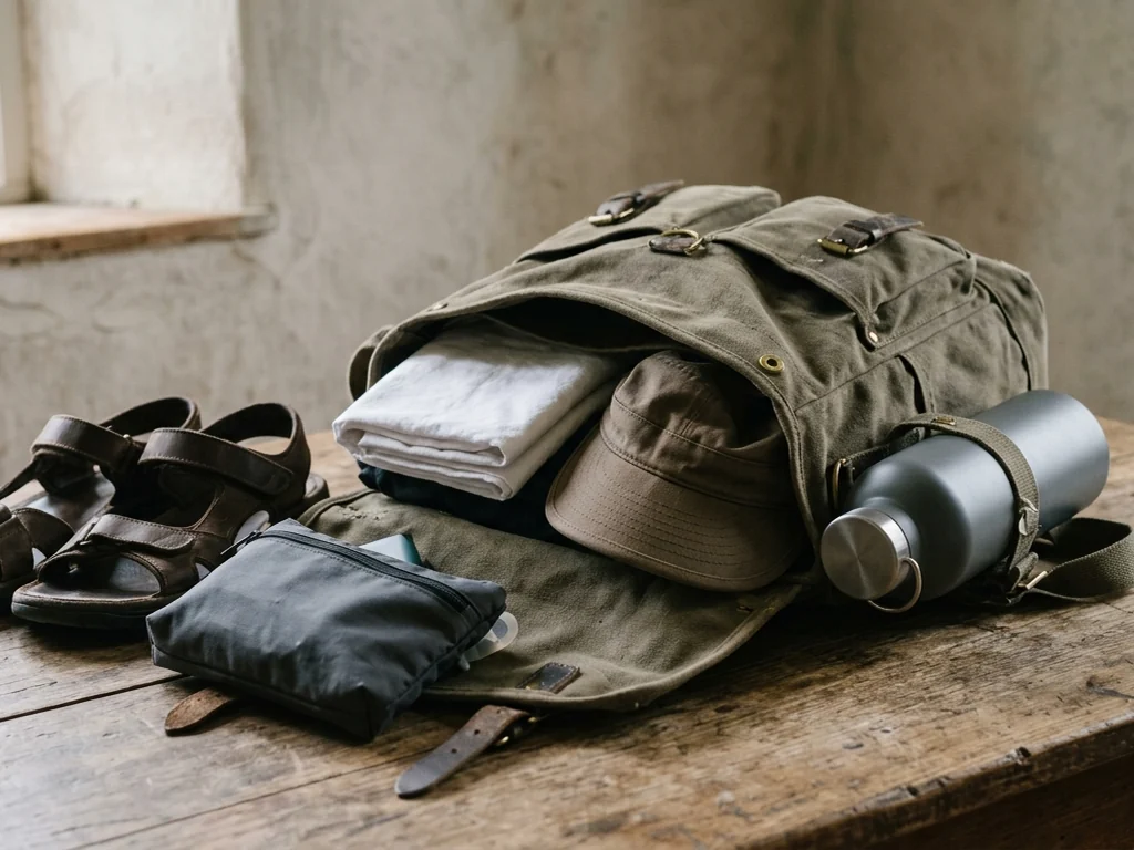 A small pilgrimage travel bag with water, sandals and folded clothing
