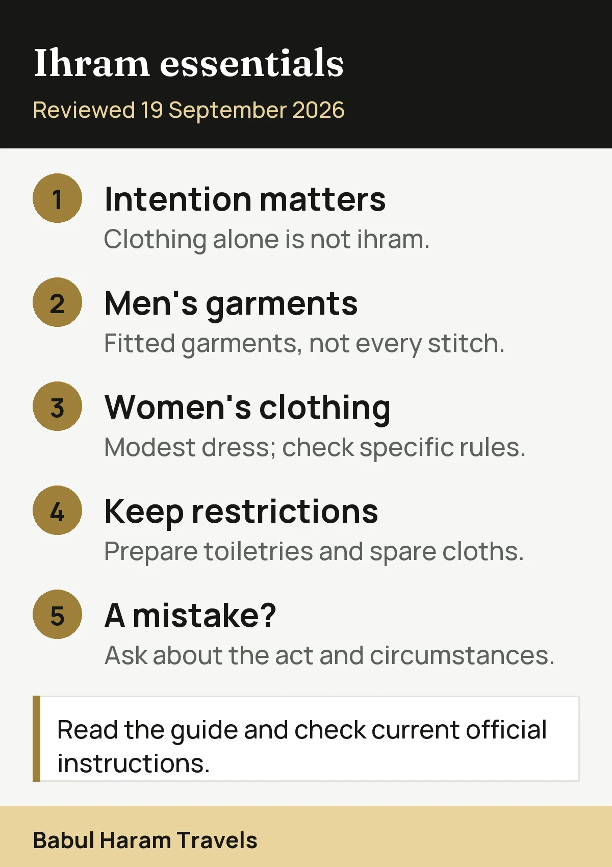Summary card of the key ihram rules for UK pilgrims