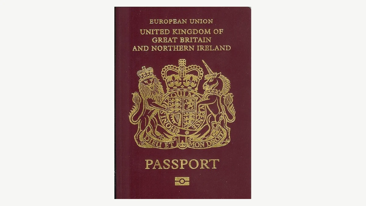 The cover of a burgundy British biometric passport