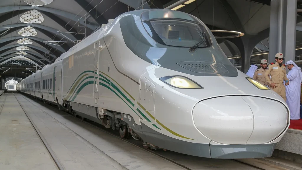 A Haramain high-speed train at a platform