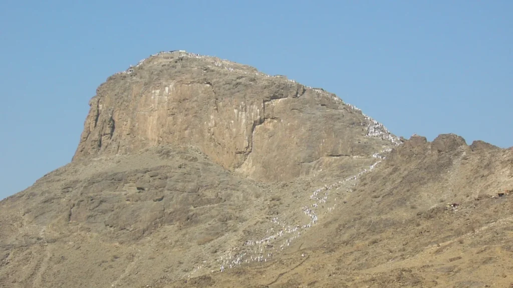 Jabal al-Nour, the mountain of the Cave of Hira, with pilgrims climbing the path to the top