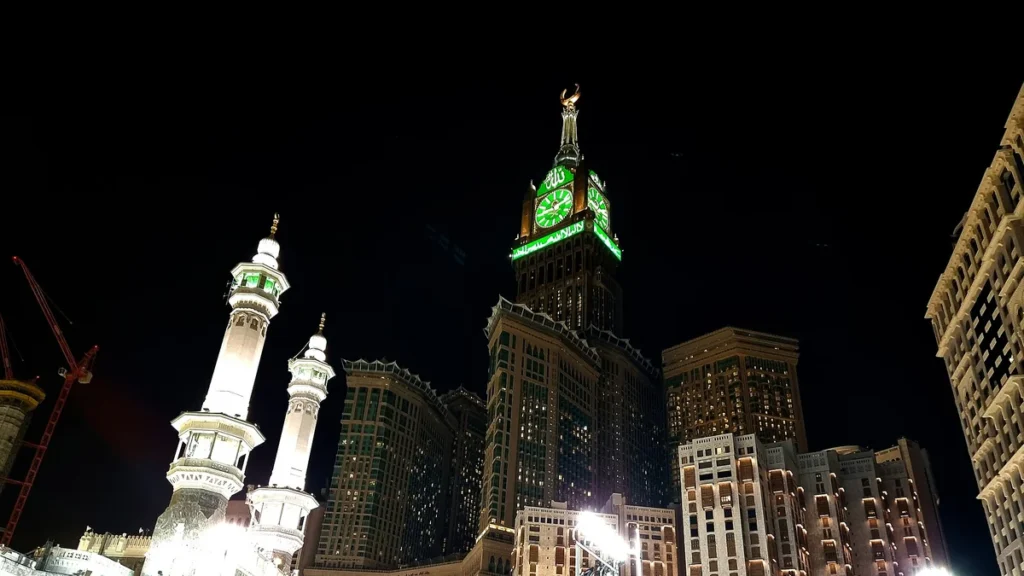 Minarets of Masjid al-Haram in Makkah at night, with the clock tower rising above the mosque
