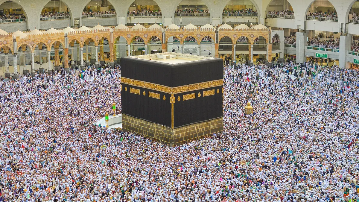 Pilgrims walking around the Kaaba in the Mataf of Masjid al-Haram in Makkah